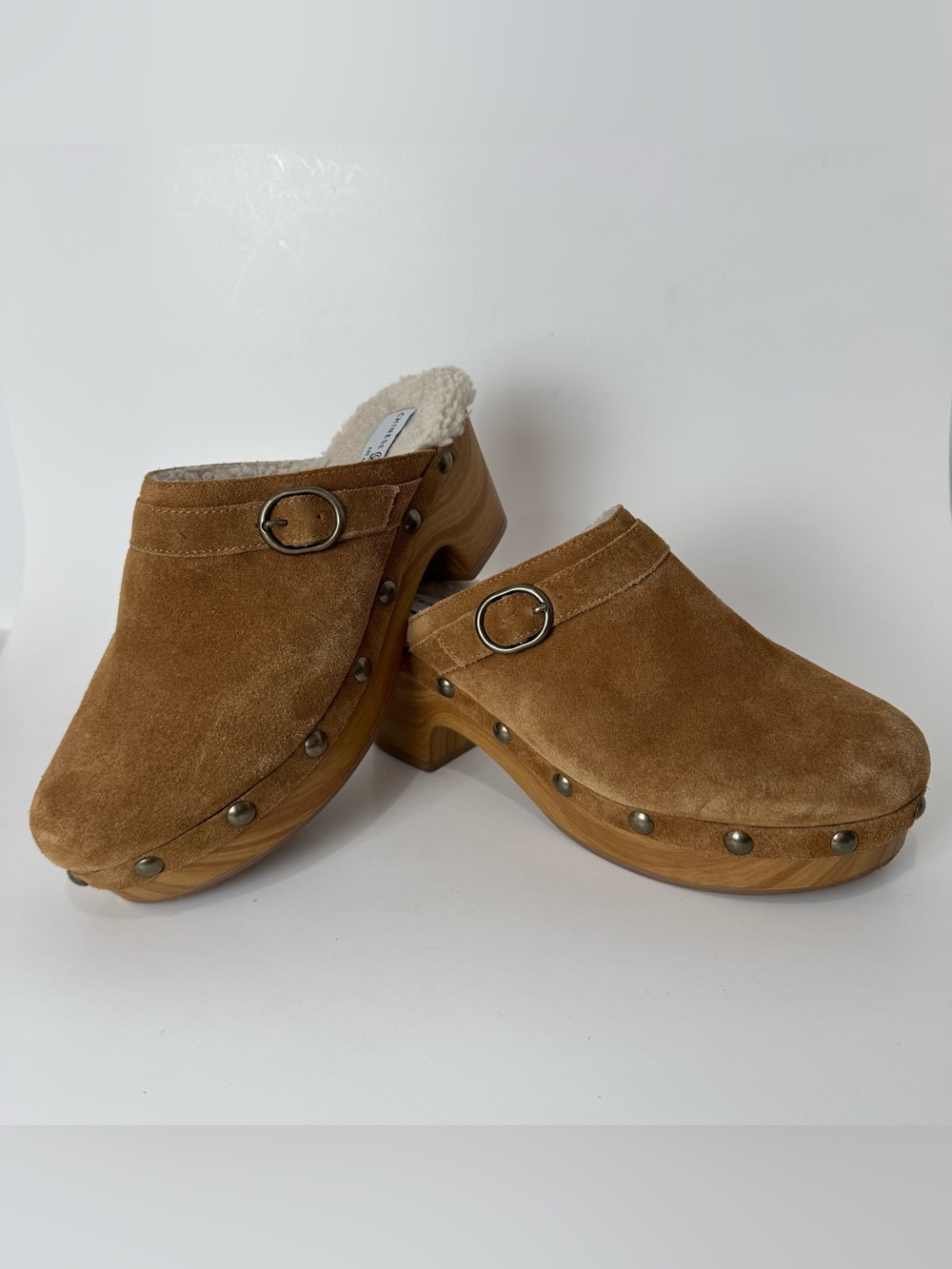 Chinese Laundry Carlie Brown Suede Faux Fur Studded Platform Clogs Size 7.5